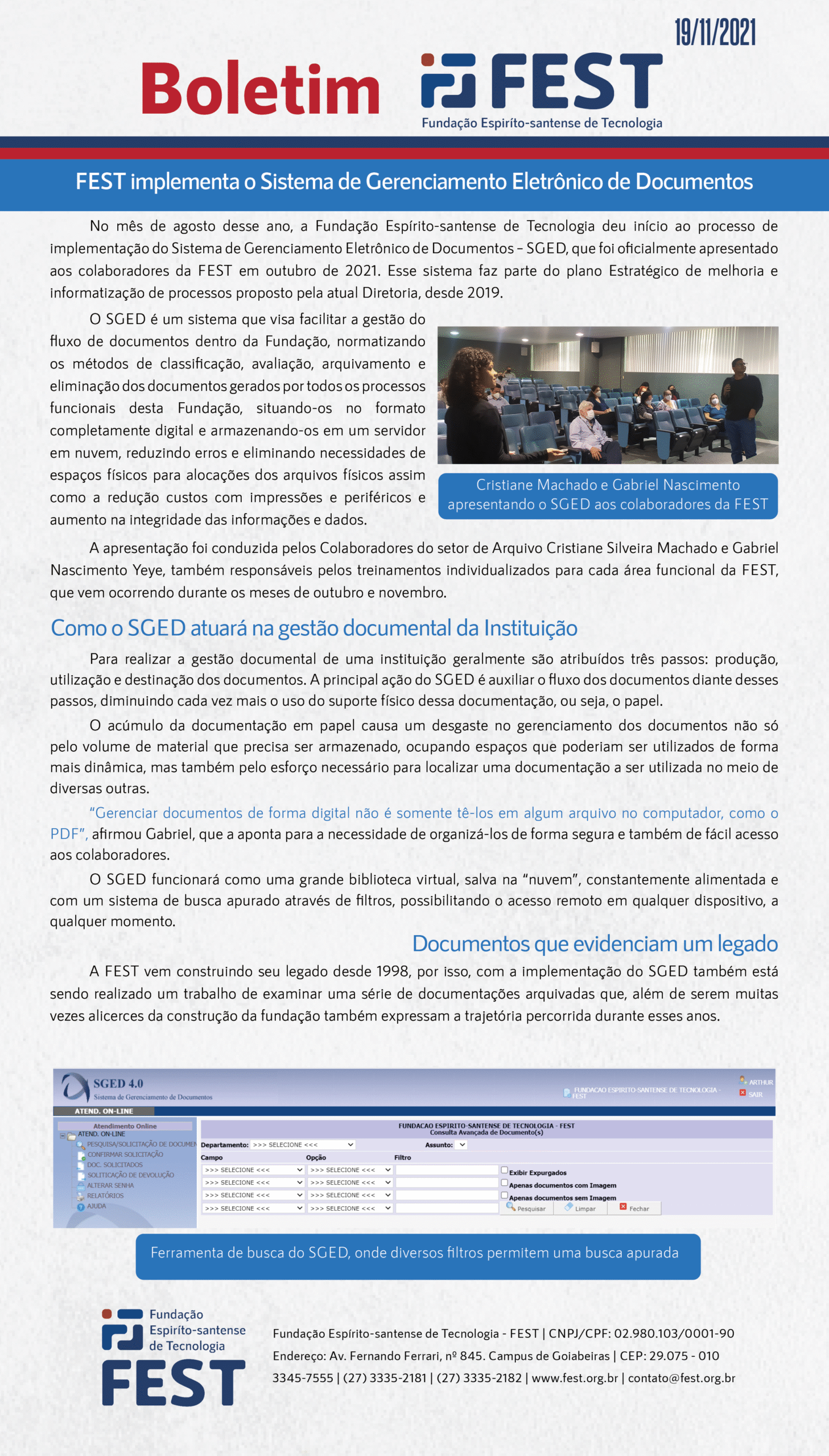 Boletim FEST – FEST implementa o Sistema de Gerenciamento Eletrônico de Documentos