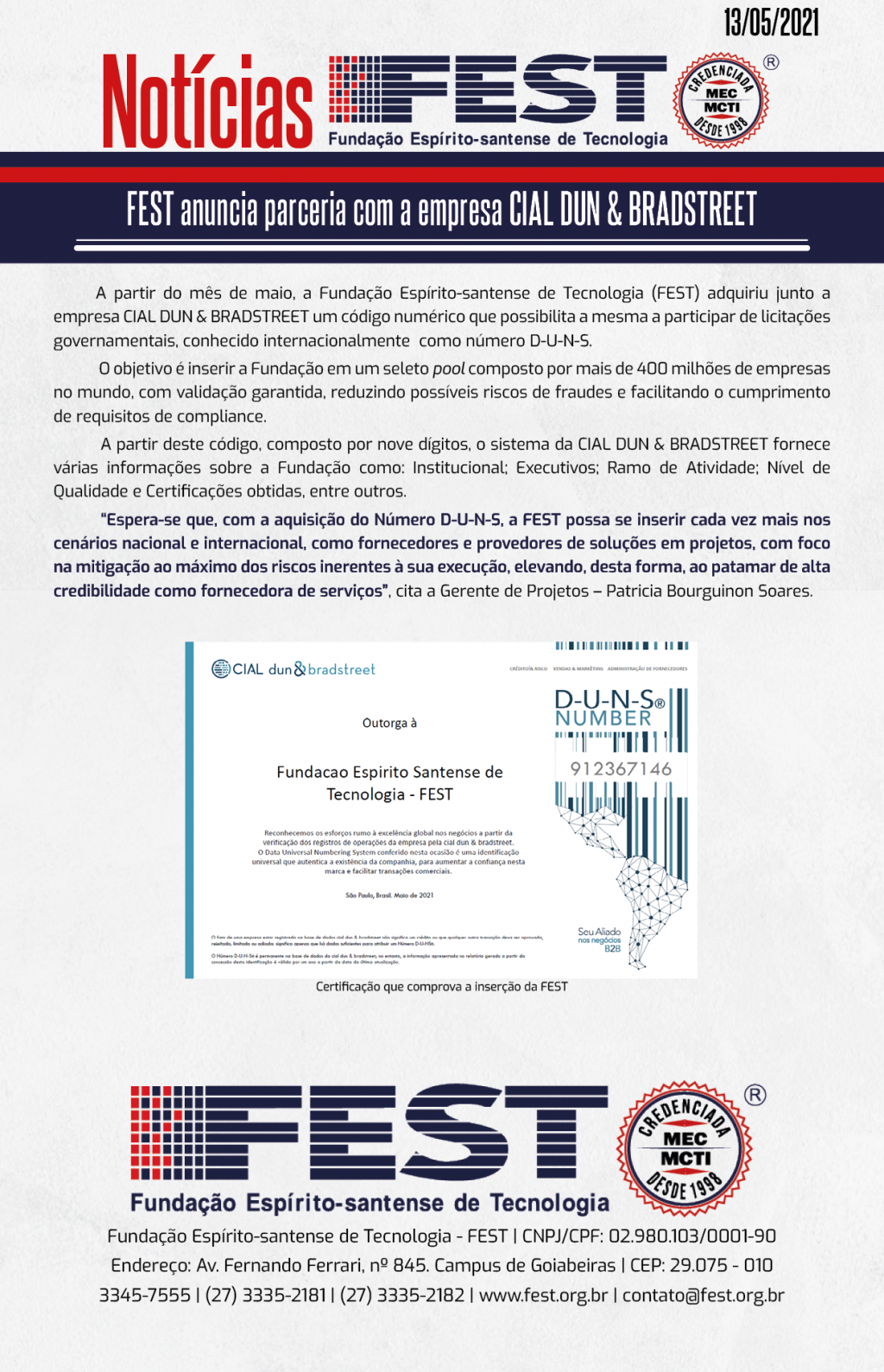 FEST anuncia parceria com a empresa CIAL DUN & BRADSTREET